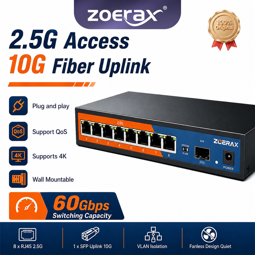 ZoeRax 8-Port 2.5G Ethernet Switch Unmanaged 8x 2.5Gbps + 1x 10G SFP Slot Gigabit Network Switch Des
