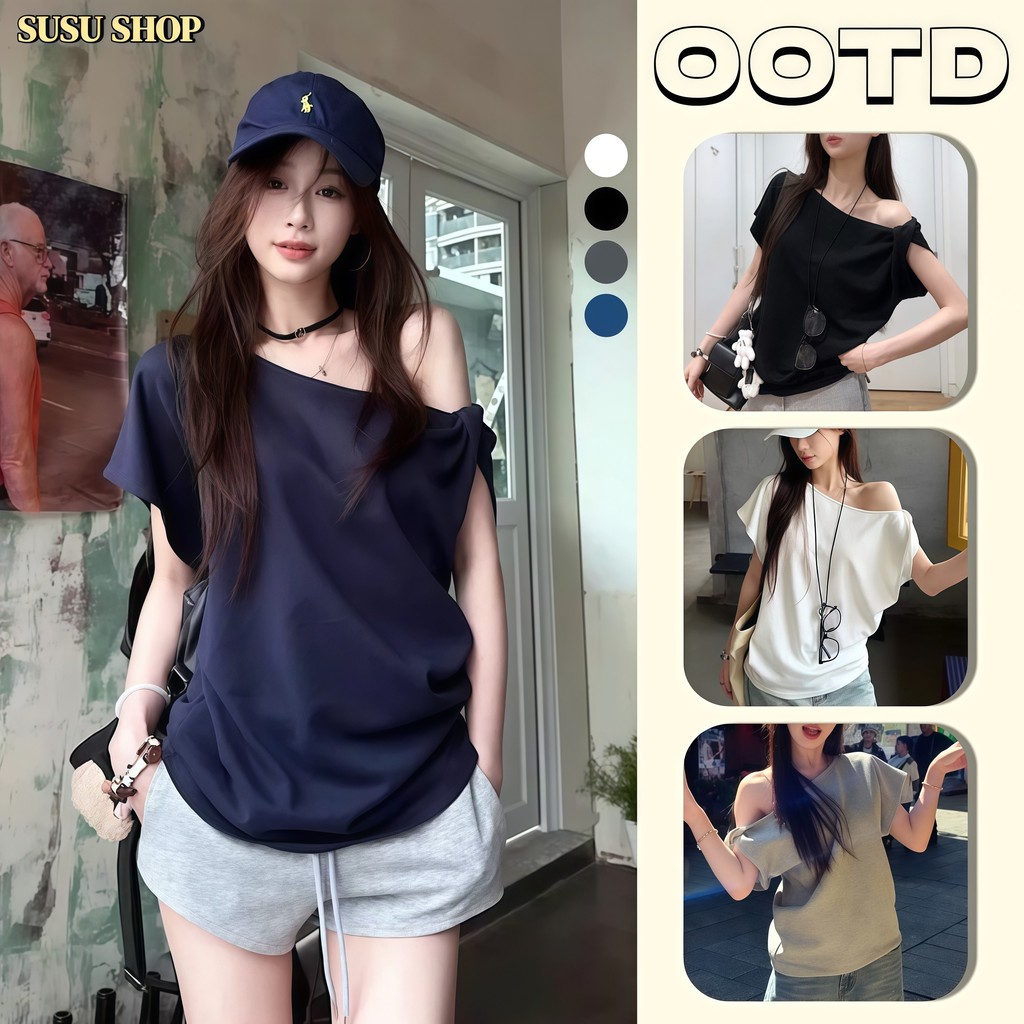 SuSu เสื้อแขนสั้นเปิดไหล่ดีไซน์เกาหลี คอเฉียงไม่สมมาตร ทรงเข้ารูป เนื้อนิ่ม ใส่เที่ยว- FYP66