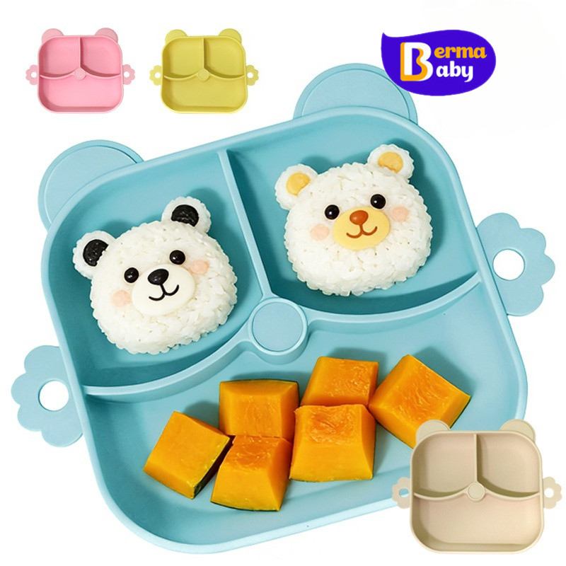 Berma Baby จานซิลิโคนเด็ก 3ใบ สามารถทำให้ร้อน/แช่แข็งได้ ฐานดูดสูญญากาศ เครื่องใช้บนโต๊ะอาหารสําหรับเด็ก