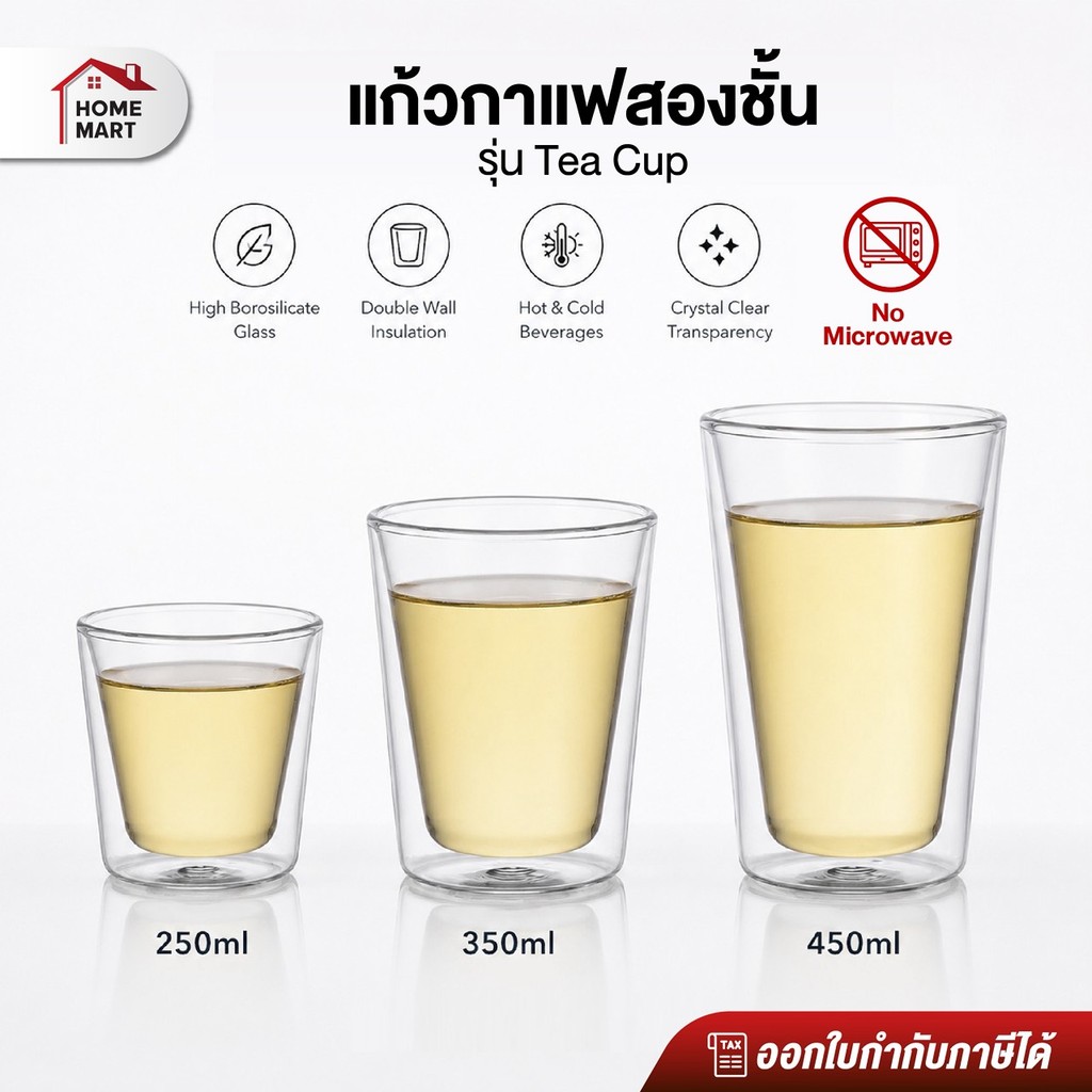 Homemart แก้ว Double Wall Glass รุ่น Tea Cup | แก้วแก้วสองชั้น High Borosilicate สไตล์คาเฟ่เกาหลี 250/350/450 ml