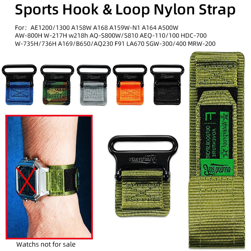 Hook & Loop Nylon WatchBand สําหรับ Casio AE-1200WH A168 W-800 AQ-150W A700 WS-1400H W-737H LA670 A1