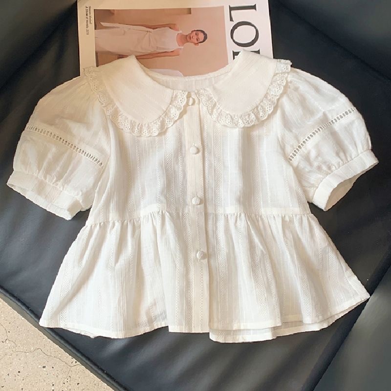 Cuties W729 เสื้อคอปกตุ๊กตาเสื้อเชิ้ตสีขาวแขนสั้นสำหรับผู้หญิง สีทึบ ใส่สบาย เรียบง่าย