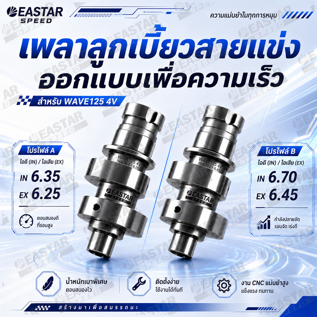 แคมแต่ง เวฟ125 4วาล์ว มี2เบอร์ 6.35-6.25/6.70-6.45 ไล่เบาพิเศษ รอบจัด ท้ายลึก