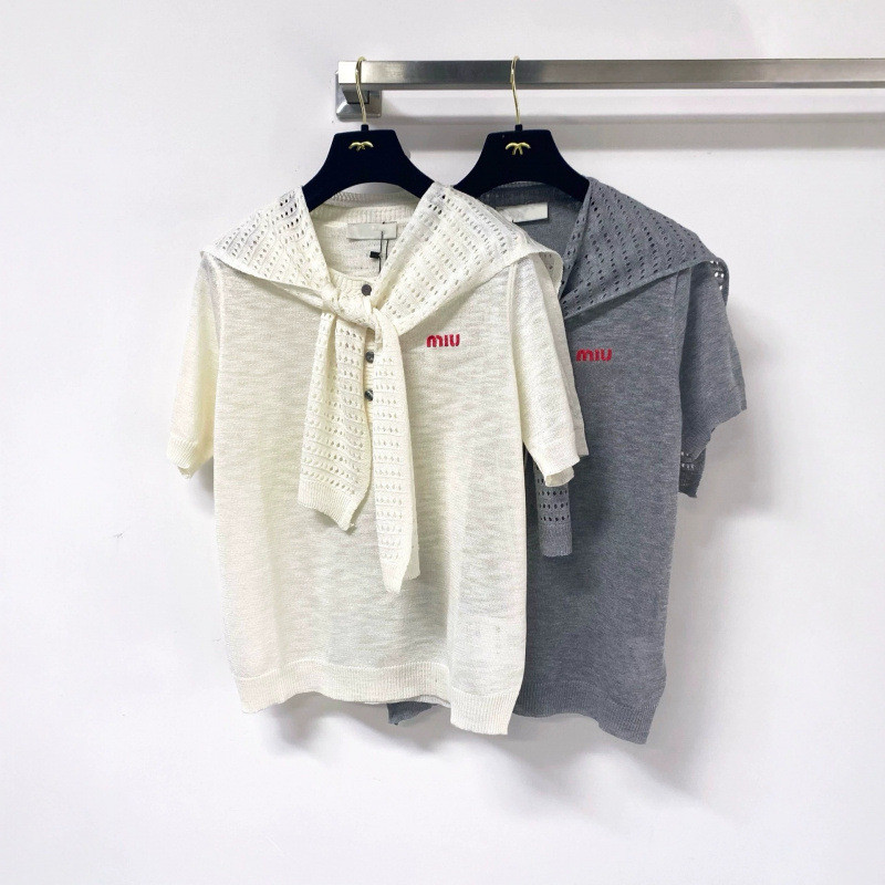 RJ8E Mi##iu 26Summer new solid color simple shawl round neck knitted short sleeve