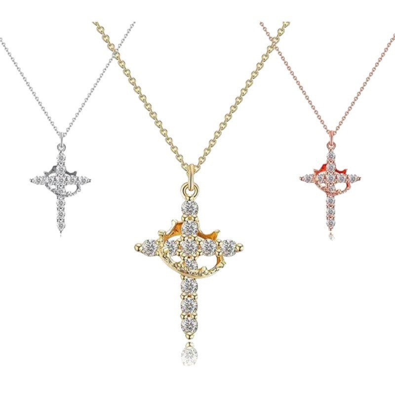 Crown Cross Necklace Ladies 14K Gold Plated Crown Necklace Simple Diamond Necklace Faith 6525