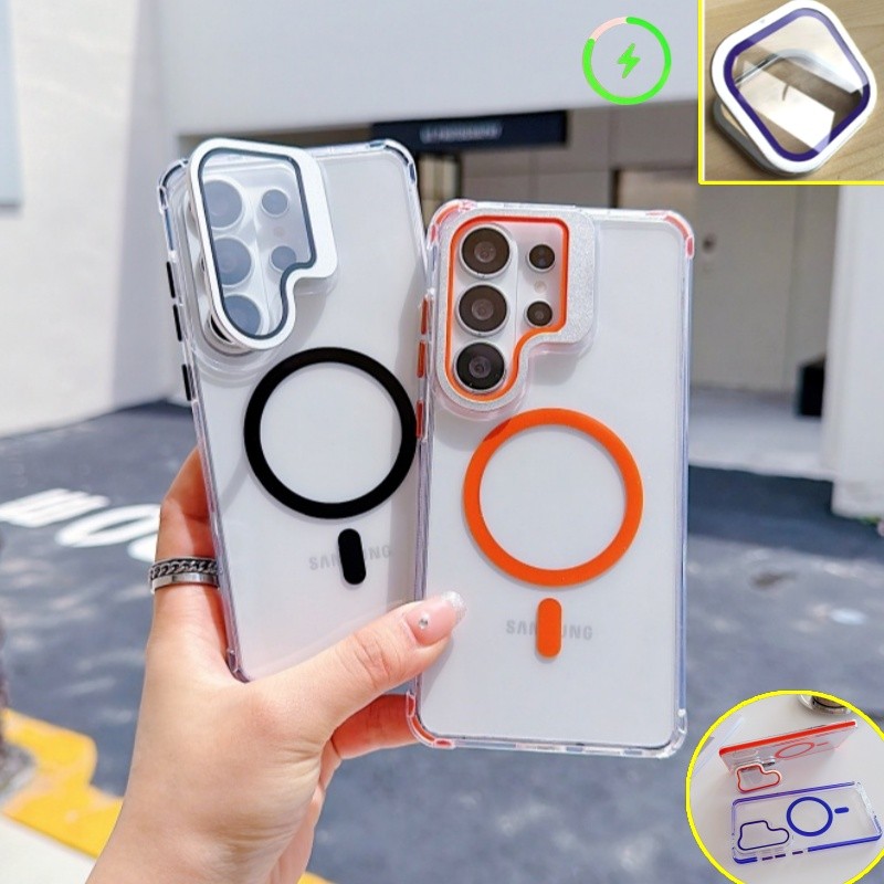 Magnetic Clear Case พร้อมฝาครอบฟิล์มเลนส์สําหรับ Samsung Galaxy S26 S25 S24 Ultra Plus S25 FE A57 A56 A26 A36 กรณีเลนส์ฝาครอบ