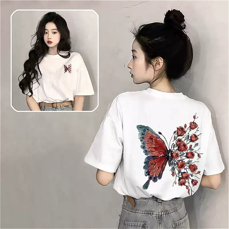🌱ส่งจากไทย🌱🦋เสื้อยืดแขนสั้นสีดำฤดูร้อนสำหรับผู้หญิง เสื้อตัวบนลายผีเสื้อหลวมใหม่