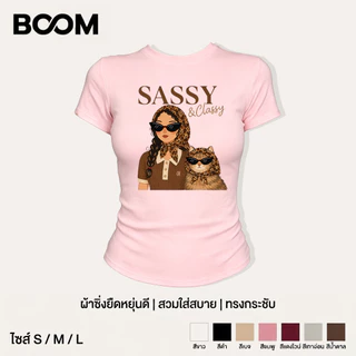 BOOM แฟชั่นเกาหลี เสื้อยืดคอกลมยืดหยุ่น ทรงกระชับ ลายสาวแมวลายเสือ สไตล์วินเทจY2K มีหลายสี แต่งง่าย ใส่สบาย ไม่ย้วย