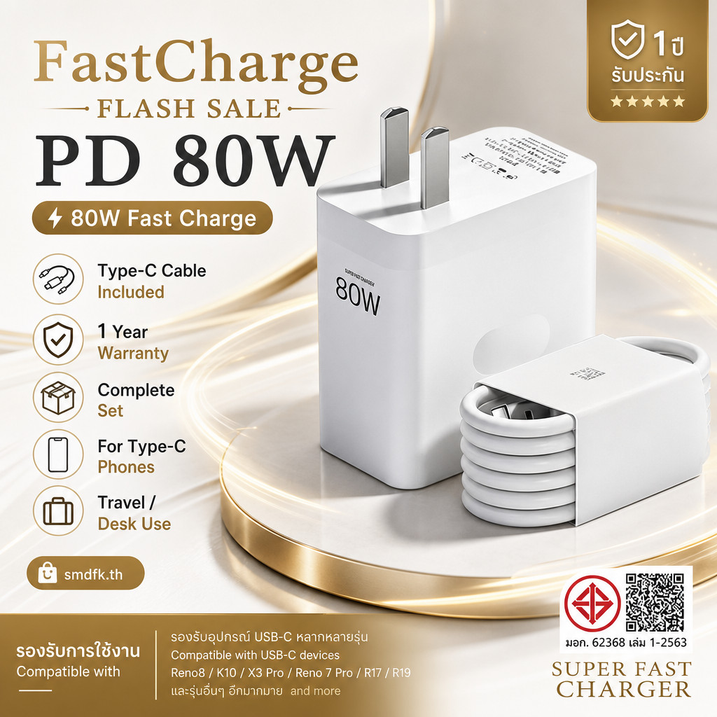 ชาร์จเร็วพร้อมใช้ 80W ชุดหัวชาร์จ+สาย Type-C สำหรับ Reno8/K10/X3 Pro/Reno7 Pro/R17/R19 รับประกัน 1 ป