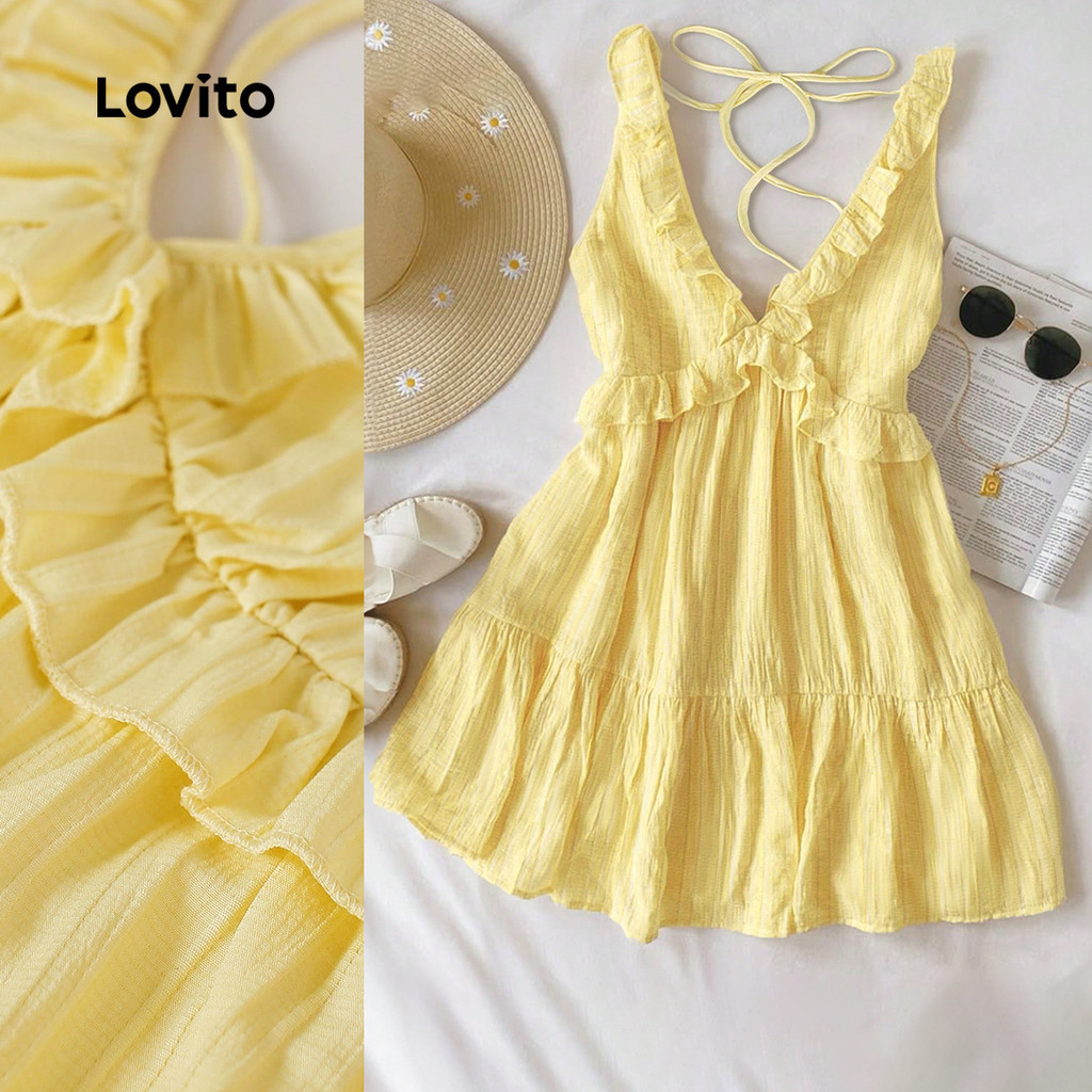 Lovito ชุดเดรสน่ารักดีไซน์ระบายลูกไม้ผูกเชือก สีเหลือง สำหรับผู้หญิงฤดูใบไม้ผลิ/ฤดูร้อน L157LD122