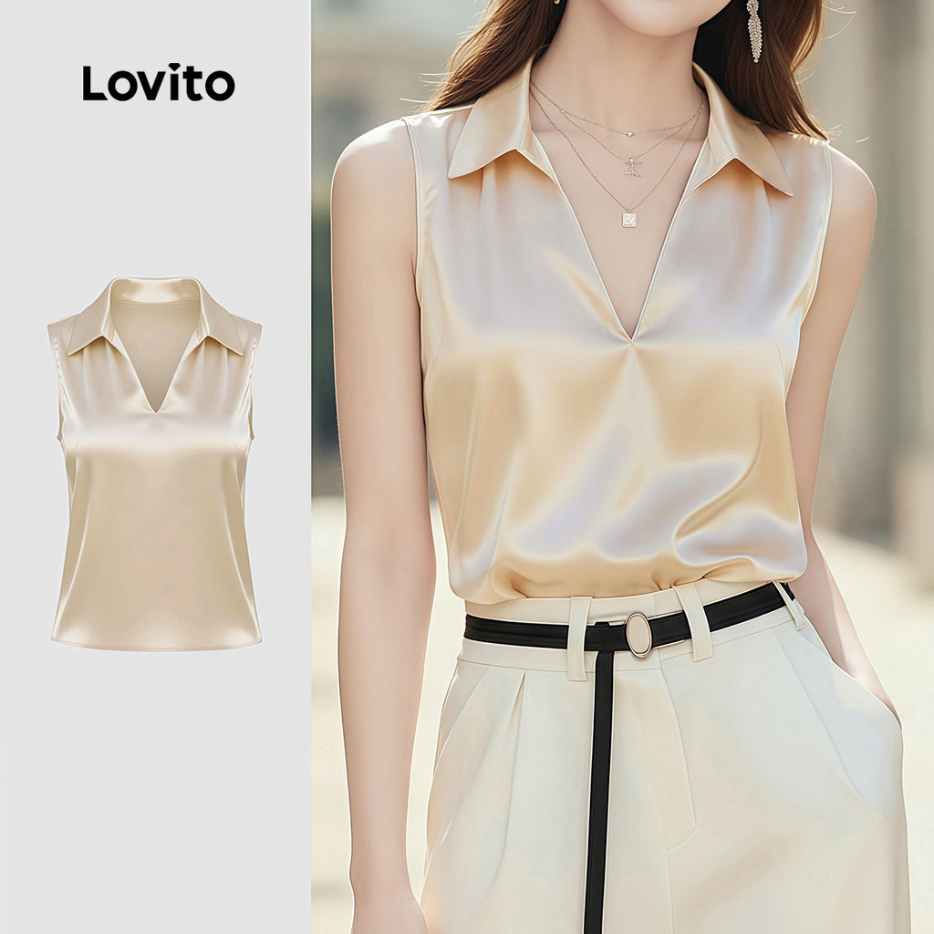 Lovito  เสื้อเบลาส์ท็อปลําลองสุดหรู โทนสีแชมเปญสําหรับฤดูใบไม้ผลิและฤดูร้อนของผู้หญิง LK4ED893
