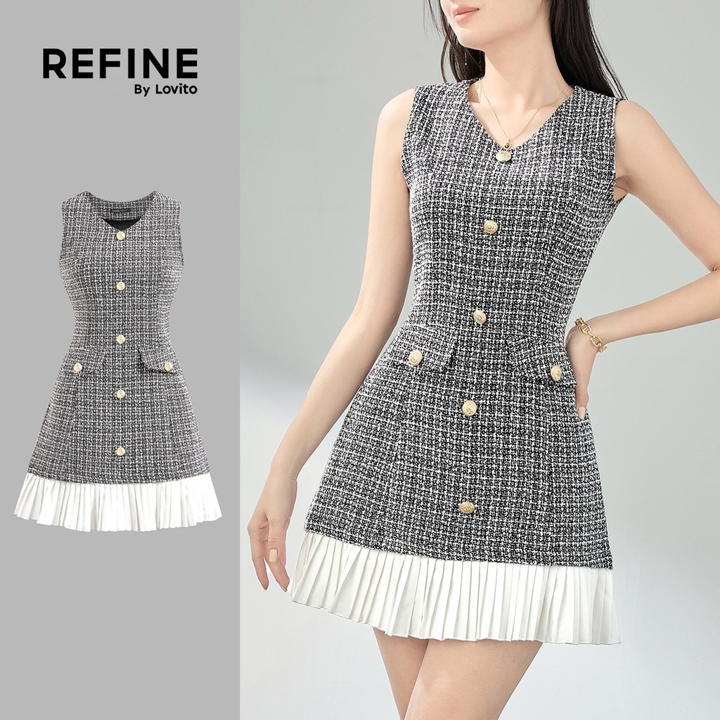 (Refine by Lovito) ชุดเดรสทรงสวยหรู ผ้ากิงแฮมเย็บจีบ เดรสฤดูร้อน/ฤดูใบไม้ผลิสำหรับผู้หญิง LR4ED030