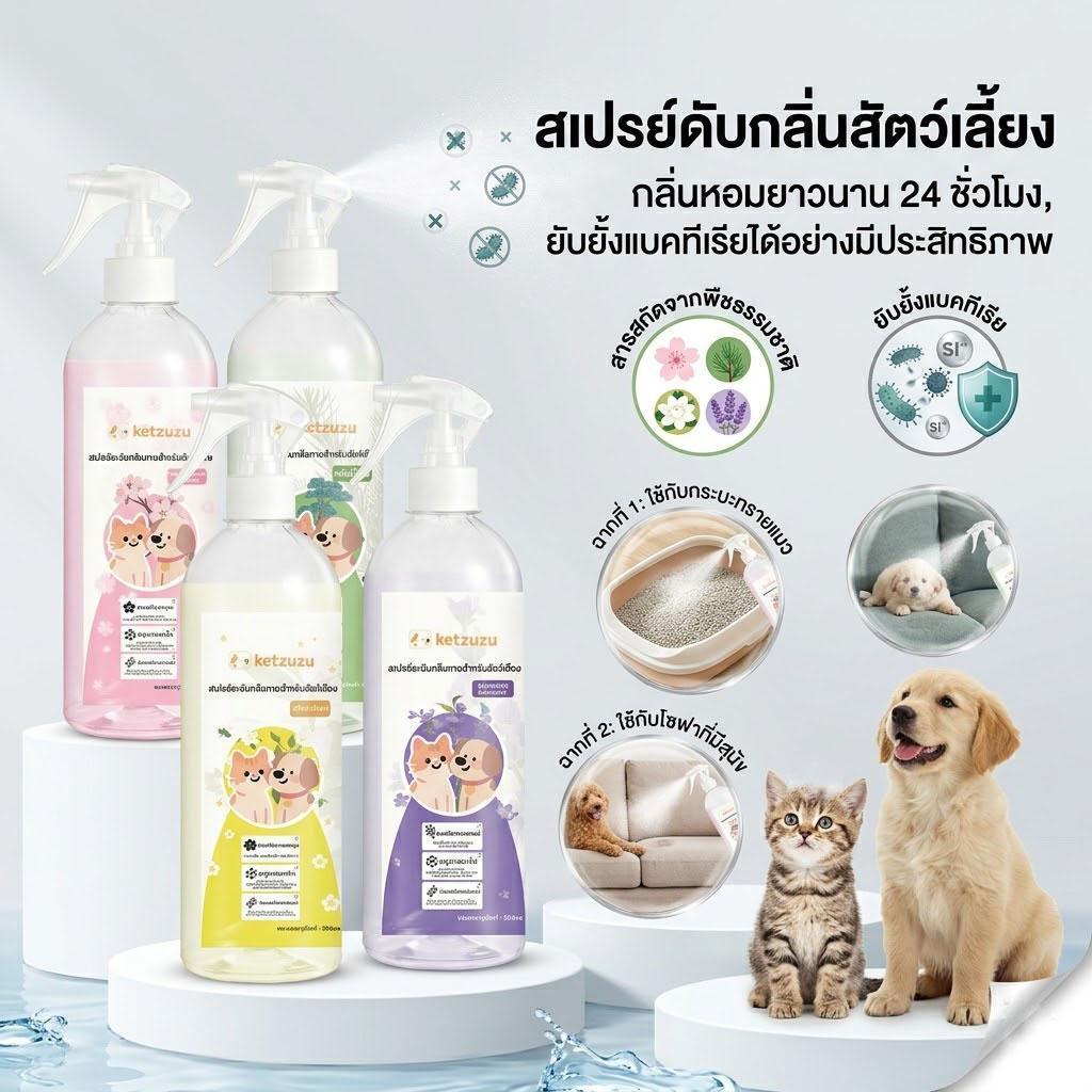 Ketzuzu สเปรย์ดับกลิ่นห้องสัตว์เลี้ยง ลดแบคทีเรียและกลิ่นฉี่แมว กลิ่นสะอาดติดทนนาน 250ml/500ml