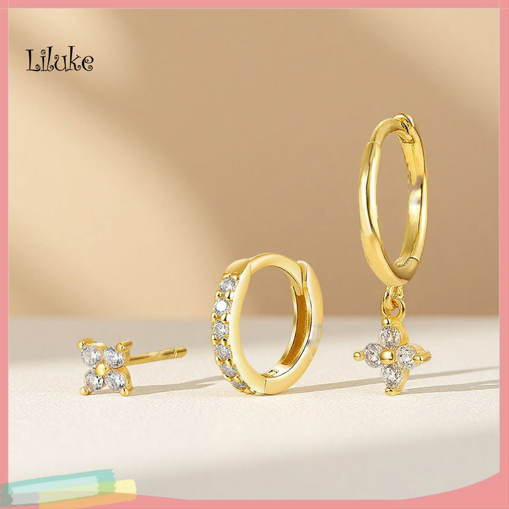 LK Four Leaf Clover ต่างหูโลหะผสมต่างหู 3 ชิ้น Four-Leaf Clover ต่างหูชุด Cubic Zirconia Studs ซ้อนห