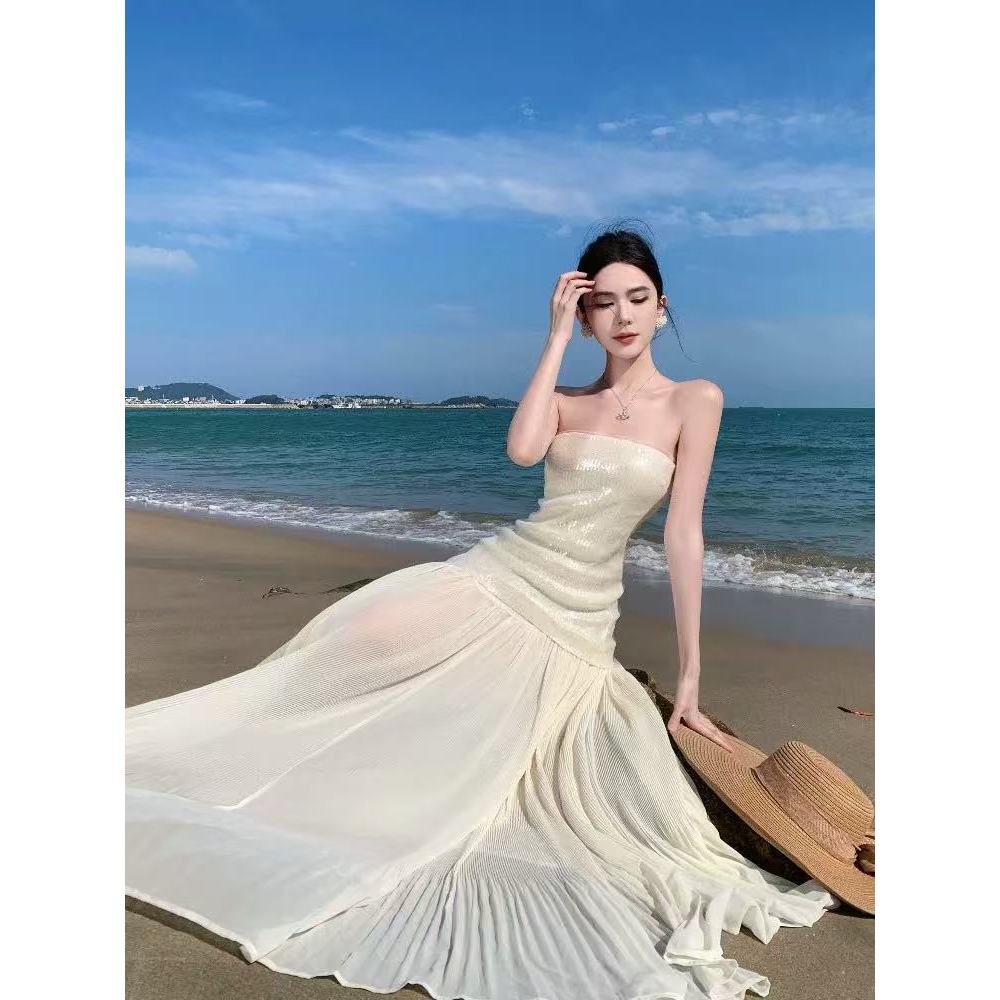 [แถบกันลื่นผ้าดั้งเดิม] ชุดเสื้อกล้ามสายเดี่ยวไหล่เดียวชุดชายหาดวันหยุดชายทะเลระดับไฮเอนด์กระโปรงยาว