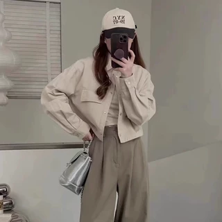 99443 พร้อมส่งไทย แจ็คเก็ตเวิร์คแวร์คอปก สไตล์นิวเทรล สำหรับสตรี ทรงหลวม แบบสั้น ฤดูใบไม้ร่วง-หนาวใหม่