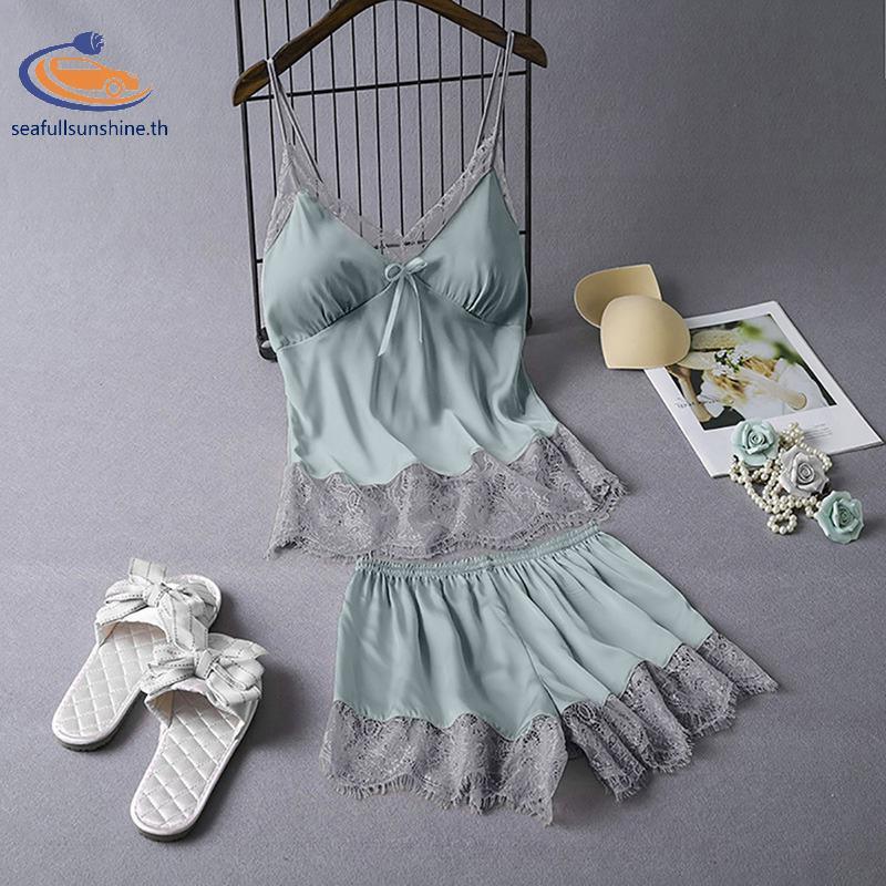 Seaf> ชุดนอนสตรีชุดผ้าไหมเหมือนลูกไม้ Patchwork Sling Tops และกางเกงขาสั้น Night Wear well