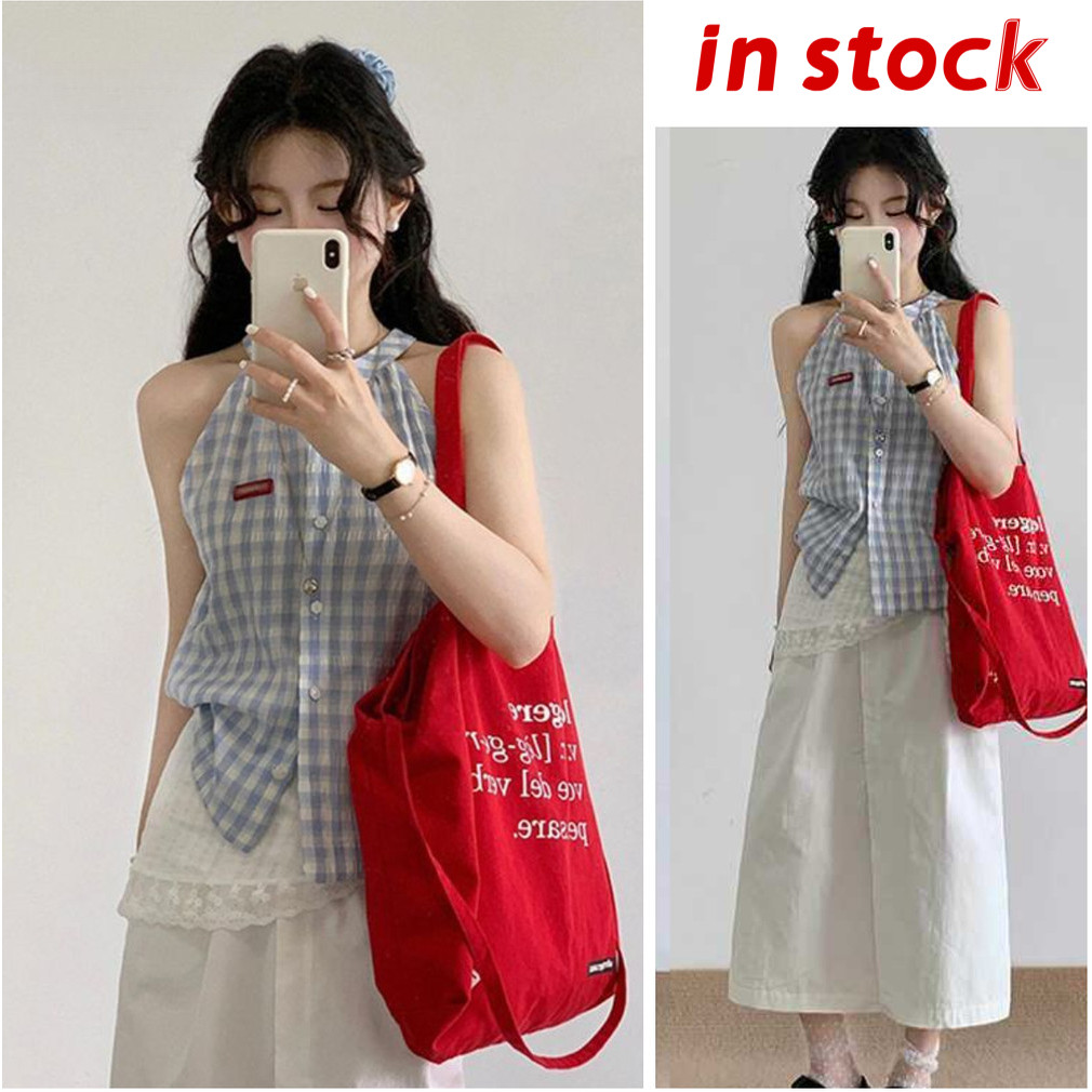 [Grojoy] (Ready Stock) 2026 Summer Off-the-Shoulder Blue Plaid Shirt Women Unique Top GR1791 #