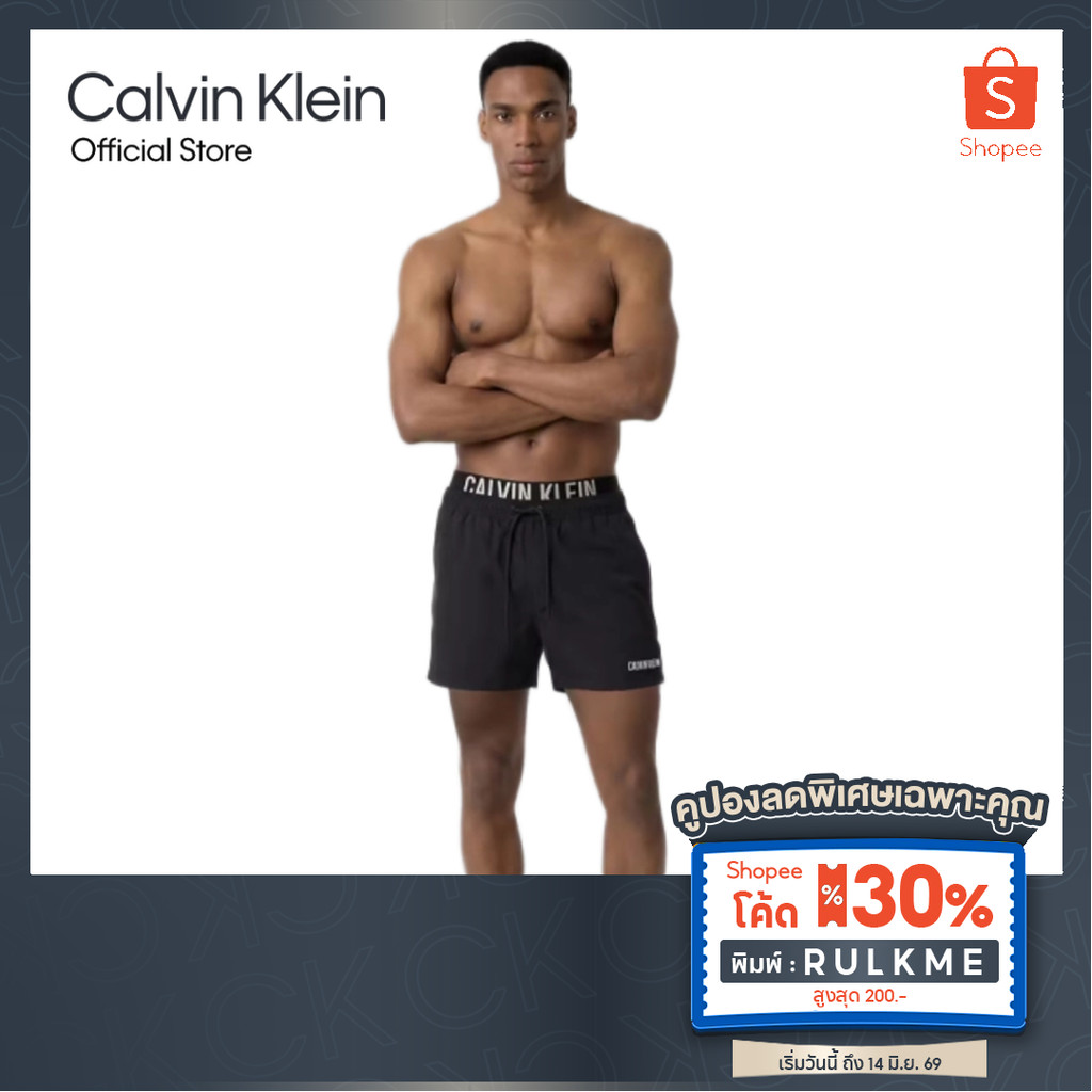 CALVIN KLEIN กางเกงว่ายน้ำผู้ชาย Double Waistband Swim Shorts Intense Power รุ่น N61015 UB1-สีดำ