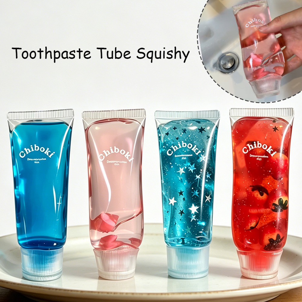 Chiboki Glitter Toothpaste Tube Squishy Soft Gel Toy Cute Peach Themed Stress Relief Squeeze Fidget