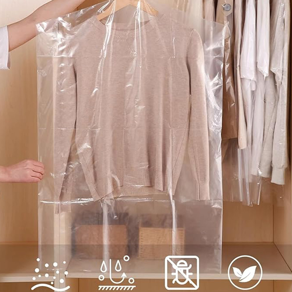 ถุงใส่เสื้อผ้าแบบแขวนใส 100 ใบ  เหมาะสำหรับเสื้อผ้าทุกชนิด  ทำจากพลาสติก  ป้องกันฝุ่น  แข็งแรงทนทาน  มีความยืดหยุ่นดี  เหมาะสำหรับซักแห้ง  ใช้เก็บเสื้อผ้าในบ้าน