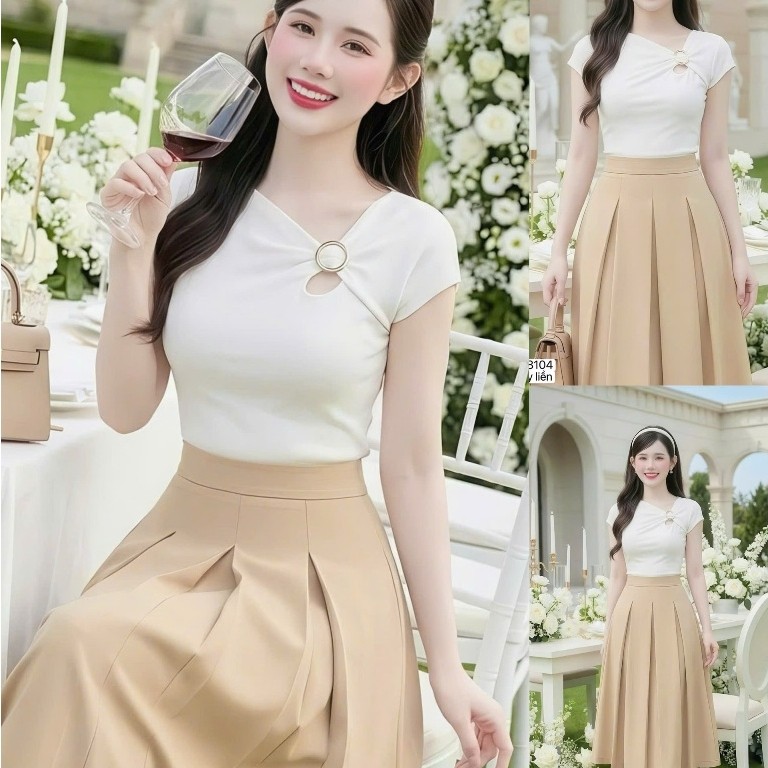 Party Dress/Dress DS8104 - DVC Designer Dress คอไขว้และตาไก่โลหะผสมสีขาวและสีเบจ