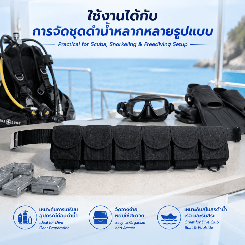 เข็มขัดกระเป๋าใส่ตะกั่วดำน้ำมีช่องใส่ตะกั่ว แบบ 4และ5 ช่อง