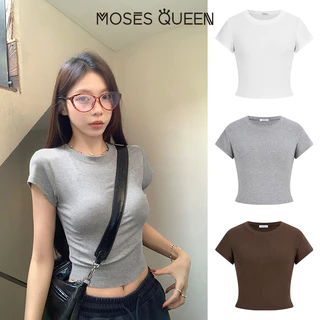 < MOSESQUEEN > เสื้อผ้าสกรีนแบบแขนสั้น ชุดพื้นฐานฤดูร้อน ขนาดเล็ก รูปทรงหลวม ด้านหน้า ไหล่ คอต้องห้าม เสื้อผ้าสกรีนแบบคอปก ลำตัวเรียบ สีเดียว #63435