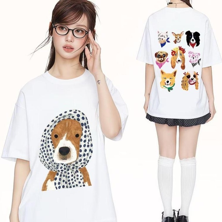 เสือยืดขนาดใหญ่พิเศษ 100% Cotton "Hooded Dog" รูปแบบผ้าคุณภาพดีคอกลมไม่มีจีบไม้ยืดรอบคอ ADX0235