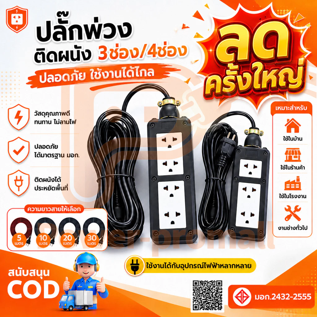 ปลั๊กบล๊อคยาง 5/10/20/30เมตร ช่อง รับไฟ พร้อมสายไฟ VCT บล๊อคยาง 2x4 ปลั๊กไฟสนาม