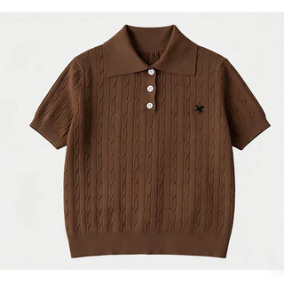 T8003 POLO เสื้อโปโลถักนิตติ้งแขนสั้นลายเชือกกลม สำหรับผู้หญิง นุ่มสบาย