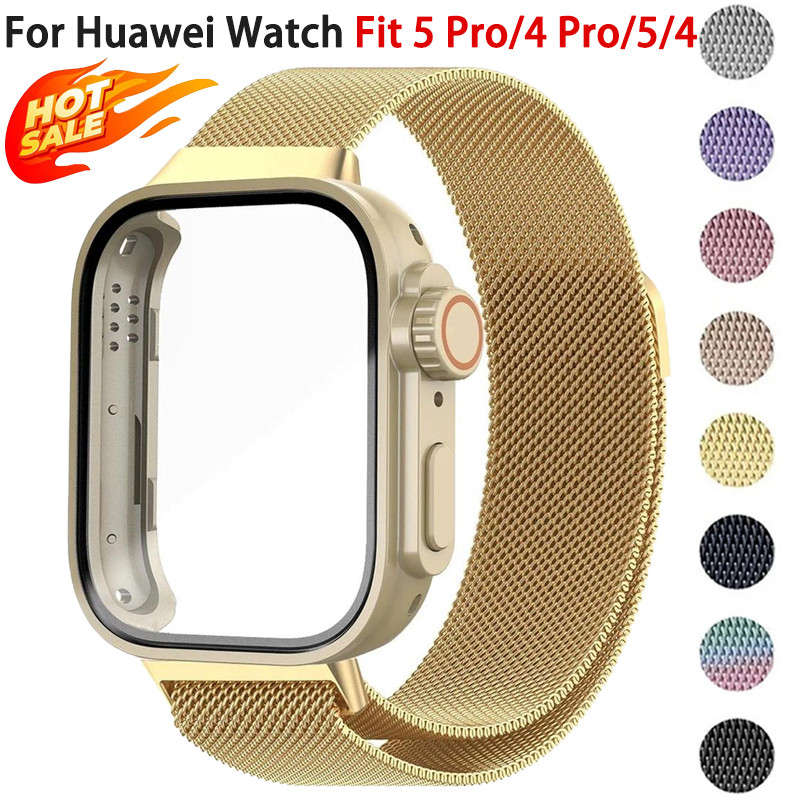 แก้วกรณี + สายโลหะสําหรับ Huawei Watch Fit 5 Pro/Fit 5 ป้องกันหน้าจอสําหรับ Huawei Fit 4 Pro/4/3 สร้อยข้อมือ