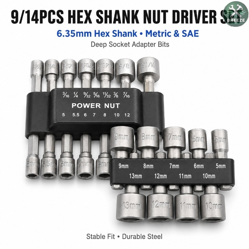 9/14PCS 6.35 มม.Hex Shank Nut Driver ชุดซ็อกเก็ตเมตริก SAE เจาะลึกอะแดปเตอร์ Bits