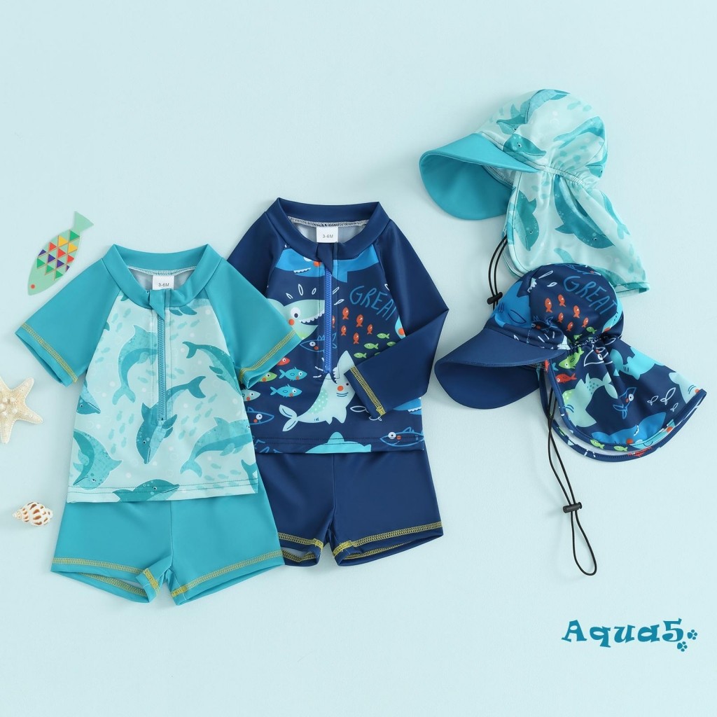 AQQ-เด็กทารกRash Guardชุดแขนสั้นShark Dolphinพิมพ์ด้านบนพร้อมกางเกงขาสั้นหมวกชุดว่ายน้ําชุดว่ายน้ําฤดูร้อน