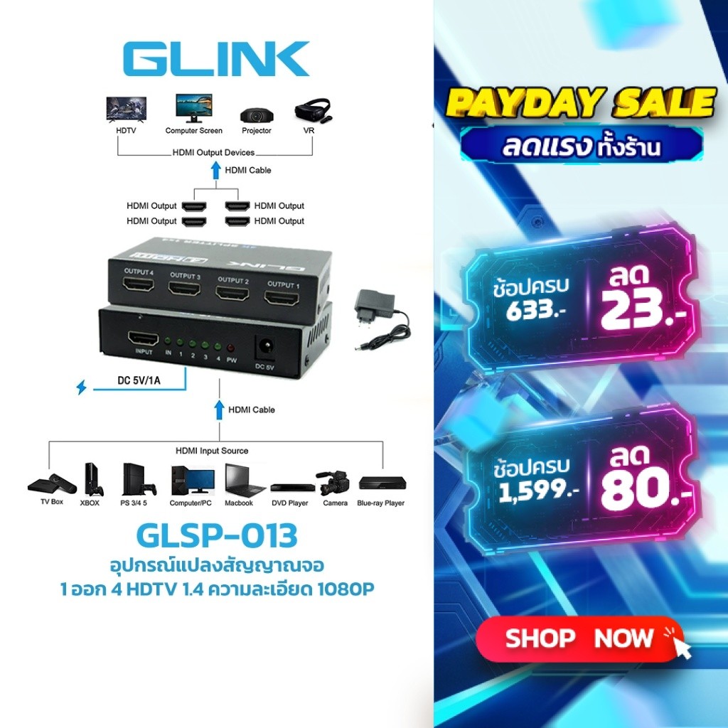 Glink GLSP-013 Splitter อุปกรณ์แปลงสัญญาณจอ 1 ออก 4 HDMI 1.4 1080P