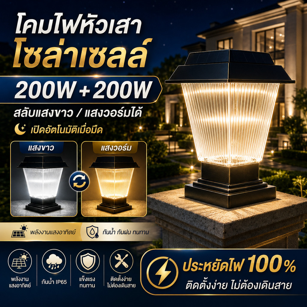 โคมไฟโซล่าเซลล์ สว่างจริง โคมไฟหัวเสา มีเซ็นเซอร์เปิด-ปิดอัตโนมัติ ไฟรั้วบ้าน lamp 200W+200W ปรับแสงได้ 2สี