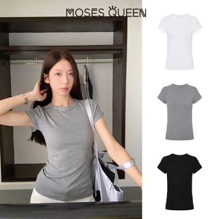 < MOSESQUEEN > เสื้อผ้าสกรีนส์แบบรูปทรงกลม แขนสั้น คอปกติ สีเดียว ช่วยยืดตัวและลดความอ้วน สำหรับผู้หญิง #62126