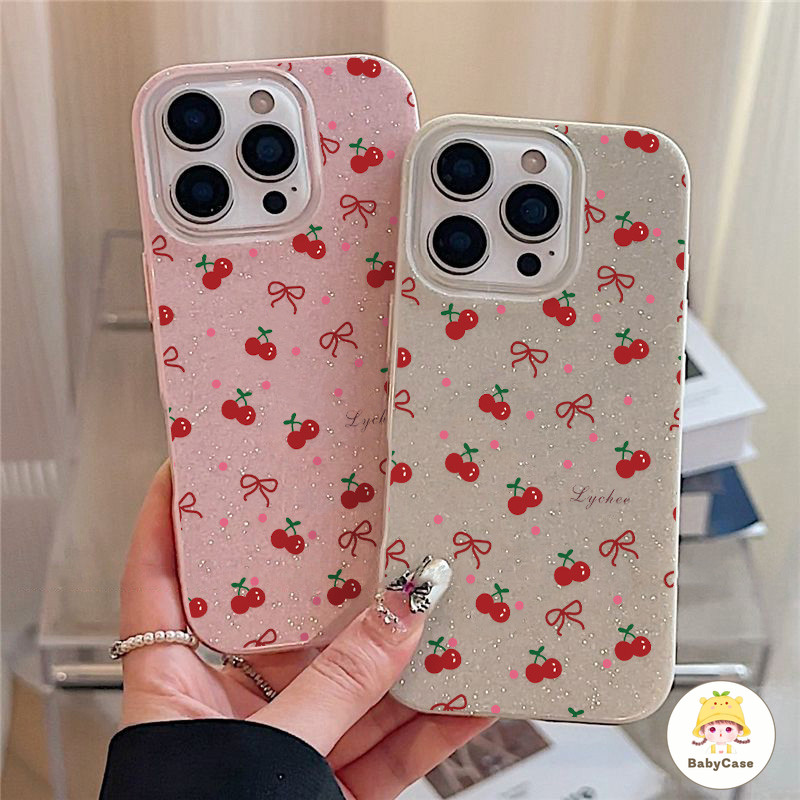 โบว์แดงและเคสมือถือแวววาวเชอร์รี่ เคสไอโฟน 11 สำหรับ IPhone 17 AIR 15 16 11 13 12 14 Pro Max XS XR X Max 7 14 16 Plus
