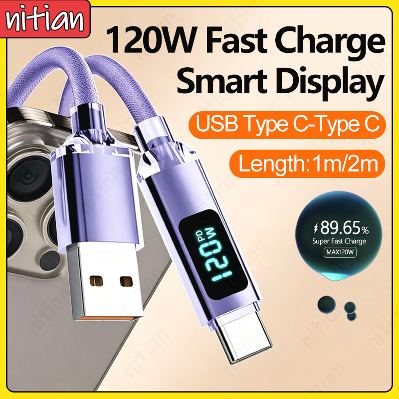 6A Smart Power Display Fast สายชาร์จ USB Type C ถึง Type C 120W สายเคเบิลข้อมูลโทรศัพท์ทนทานถักสายชาร์จรถขยายสายชาร์จสําหรับโทรศัพท์/แล็ปท็อป
