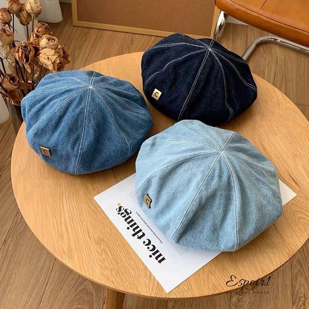 ESPOIR1 ผู้หญิง Beret หมวก, Denim Retro กางเกงยีนส์ Berets, แฟชั่นอังกฤษปรับเกาหลีจิตรกรหมวกหญิง