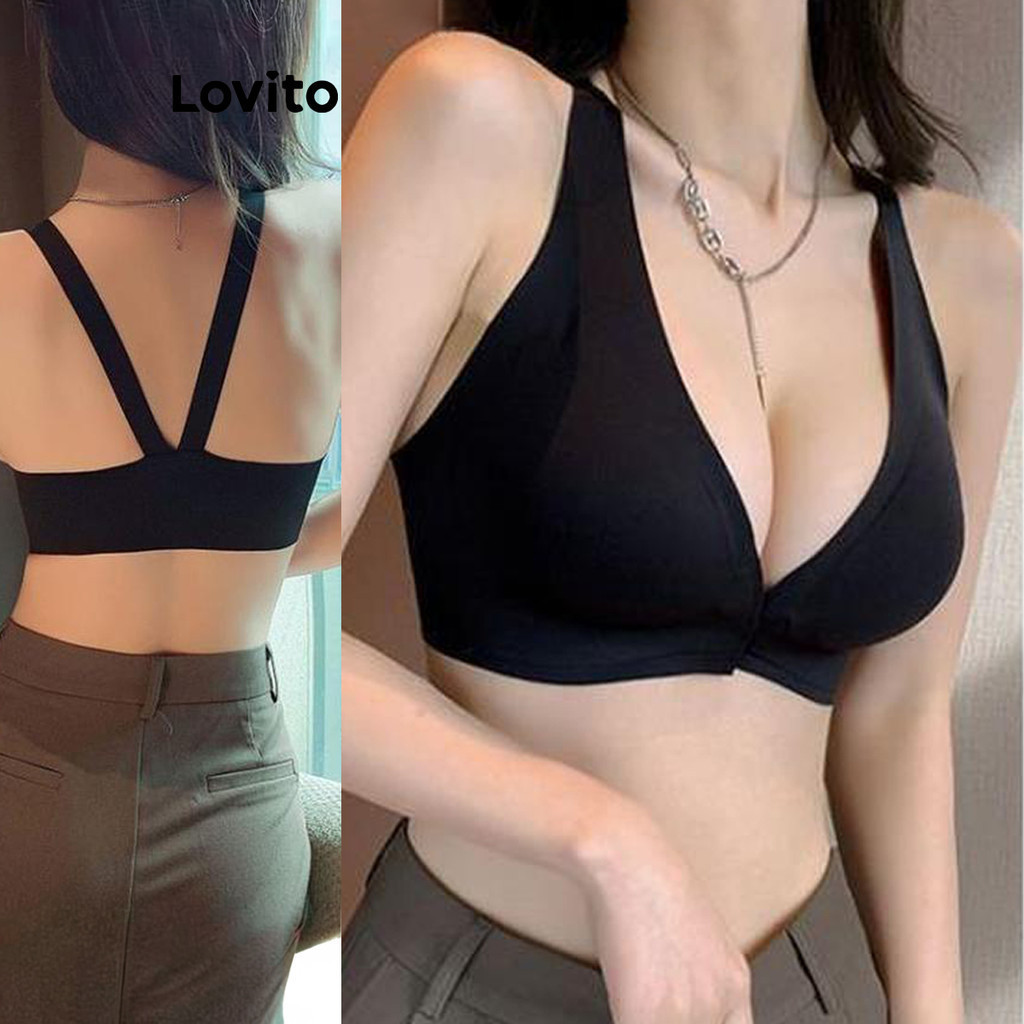 Lovito เสื้อชั้นในแบบไร้โครง ระบายอากาศได้ดี สวมใส่สบาย ไม่ระคายเคืองผิว ทรงเสื้อชั้นในแบบมีกระดุมหน้า ฤดูร้อน/ฤดูใบไม้ผลิ สำหรับผู้หญิง LNE83360