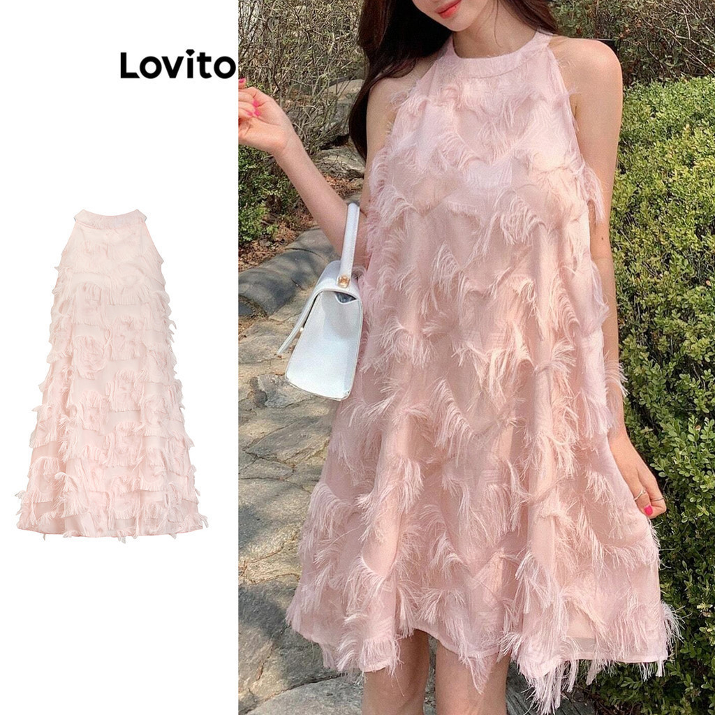 Lovito ชุดเดรสผู้หญิง แบบเรียบ แต่งระบาย สีพื้น สไตล์ลำลอง  L106AD483