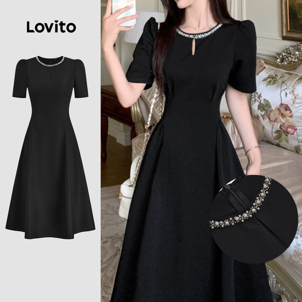 Lovito ชุดเดรสสีดำประดับคริสตัลหรูหราสำหรับผู้หญิงในช่วงฤดูร้อน/ฤดูใบไม้ผลิ L134ED1030