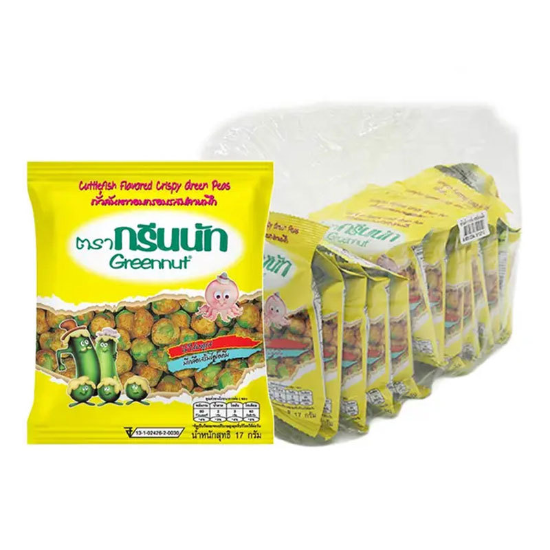 กรีนนัท ถั่วลันเตาอบกรอบ รสปลาหมึก 17 ก. x 12 (GREENNUT Crispy Green Peas Squid 17 g x 12) โปโลแมน POLOMAN