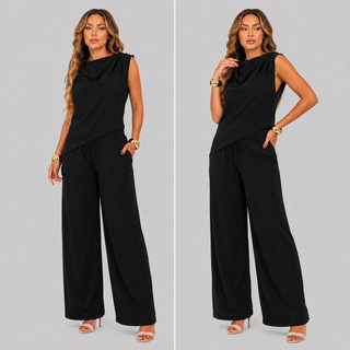 Conjunto Feminino Alfaiataria Assimétrico Blusa Franzida e Calça Panatalona Social Elegante Moda Mulher Verão Promoção