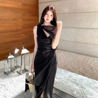 99436 พร้อมส่งไทย เดรสสตรีสไตล์ฝรั่งเศส มีริบบิ้น ผ้าตัดทรงไม่สม่ำเสมอ เดรสสายเดี่ยวทรงเอ ฤดูร้อน รัดเอว มีหลายสี
