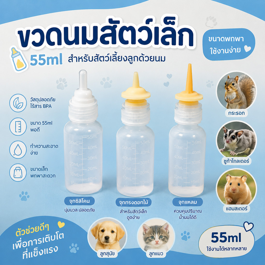Hambit. ขวดนมสัตว์เลี้ยงขนาดเล็ก 55ml ขวดป้อนนมชูการ์ กระรอก แฮมสเตอร์ จุกซิลิโคนนุ่มนวล ปลอดภัยไร้สาร BPA