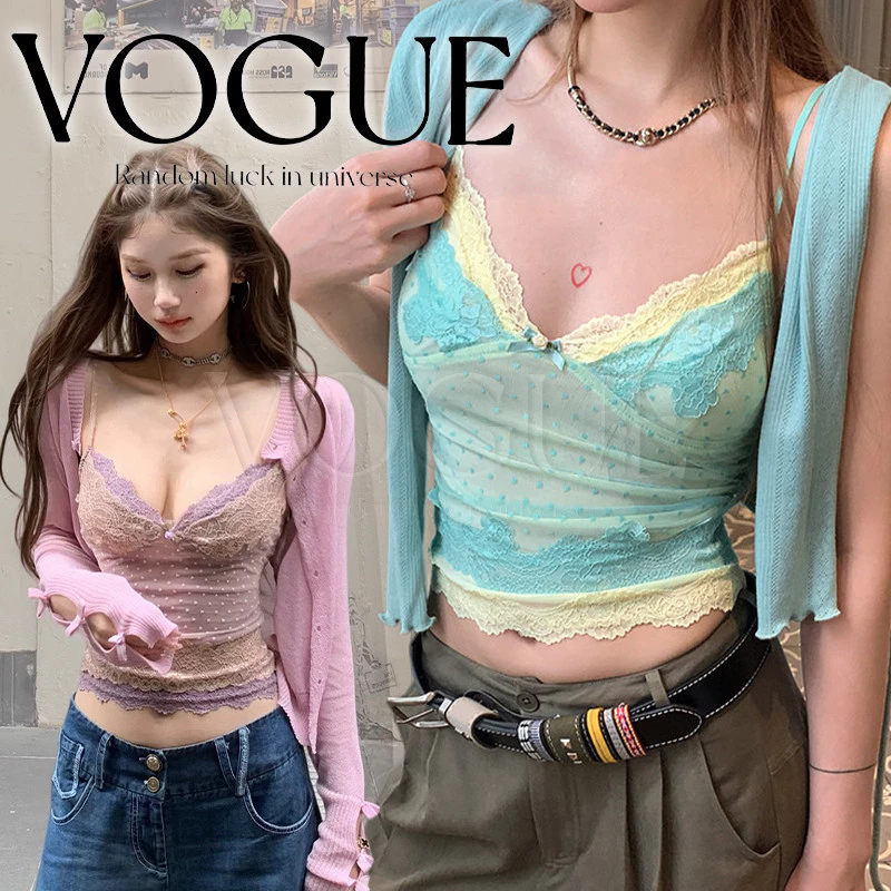 Vogue🌟พร้อมส่ง🌟 เสื้อสายเดี่ยวคอวี ลายลูกไม้ยืดตามตัว มีฟองน้ำในตัว สไตล์เกาหลี (FY7011)