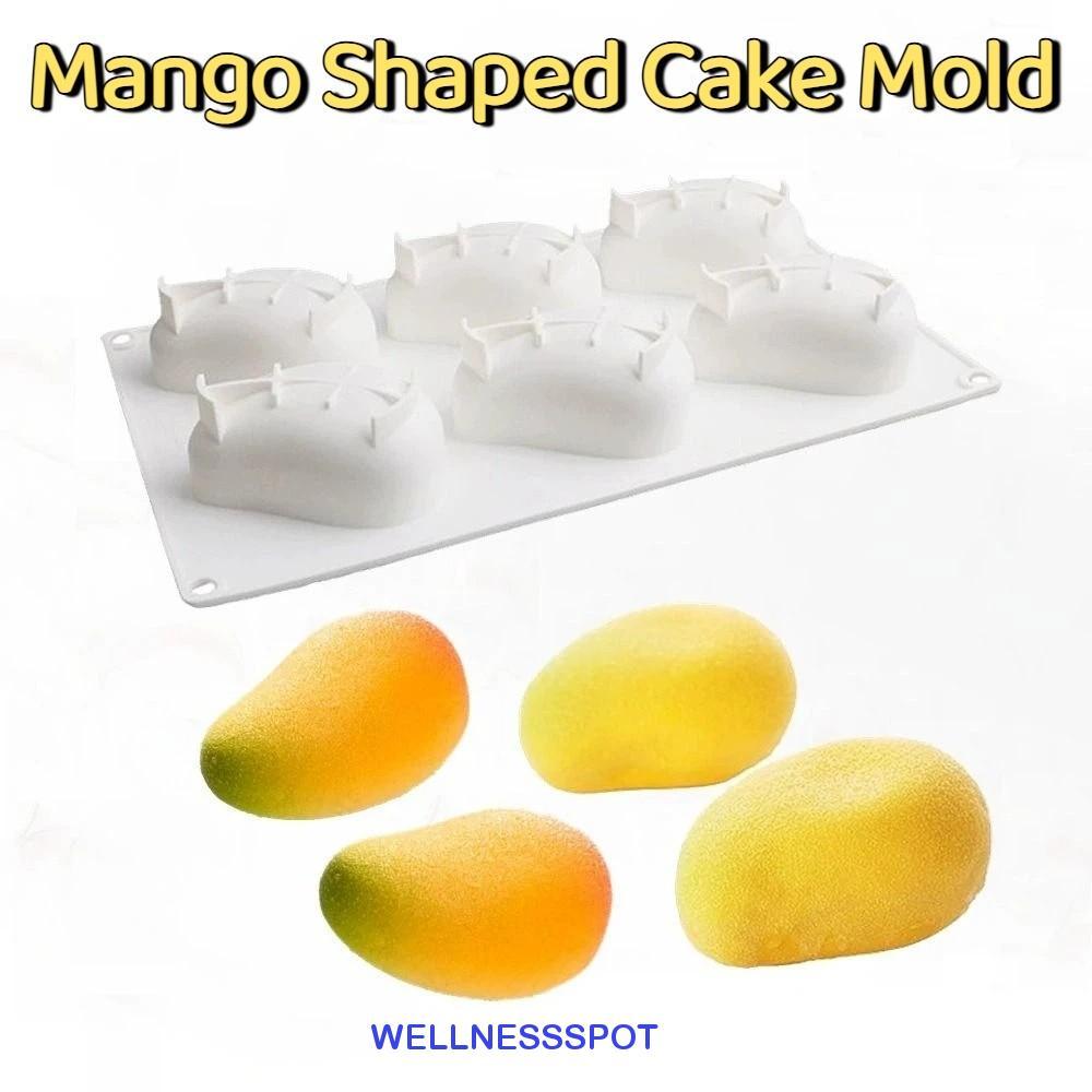 WELLNESSSPOT แม่พิมพ์เค้กรูปมะม่วง, 6 ช่องปลอดสารพิษสมจริงผลไม้เบเกอรี่แม่พิมพ์,ขนมเค้กตกแต่งเครื่องมือนํากลับมาใช้ใหม่ง่าย Demold 3D แม่พิมพ์เค้กซิลิโคน Party Pastry