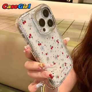 สำหรับ iPhone 17 16 15 13 11 12 14 Pro Max 16 15 14Plus รุ่นใหม่ เคสกันกระแทกลายดาวและเชอร์รี่ กลิตเตอร์ขอบคริสตัลหรูหรา